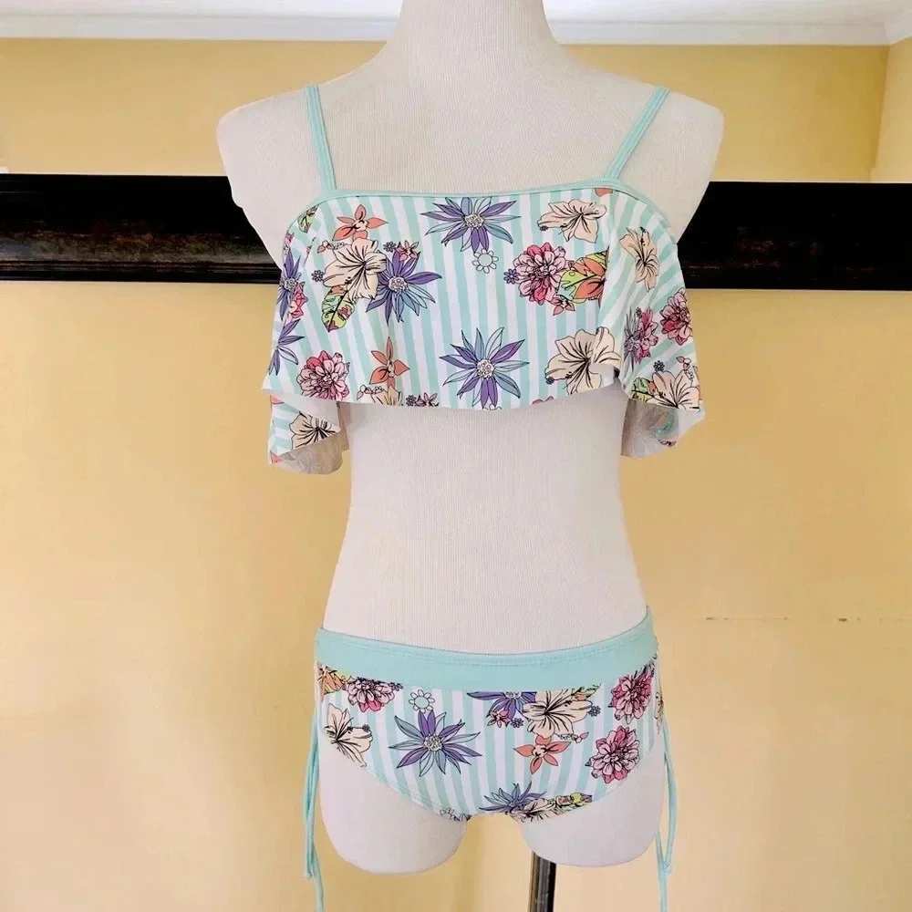 Limeapple Girls Ruffle Square Neck Bikini Swim Set Floral Stripe 16 EUC
